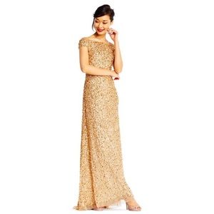 ADRIANNA PAPELL OFF THE SHOULDER SEQUIN BEADED GOWN IN GOLD